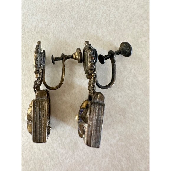 Antique Victorian Etruscan Revival brass enamel seed pearls screw back earrings - Picture 4 of 7